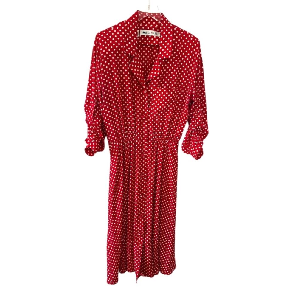 Vintage MS Chaus Full Button Shirt Dress 10 Red Polka Dot Knee Length Retro